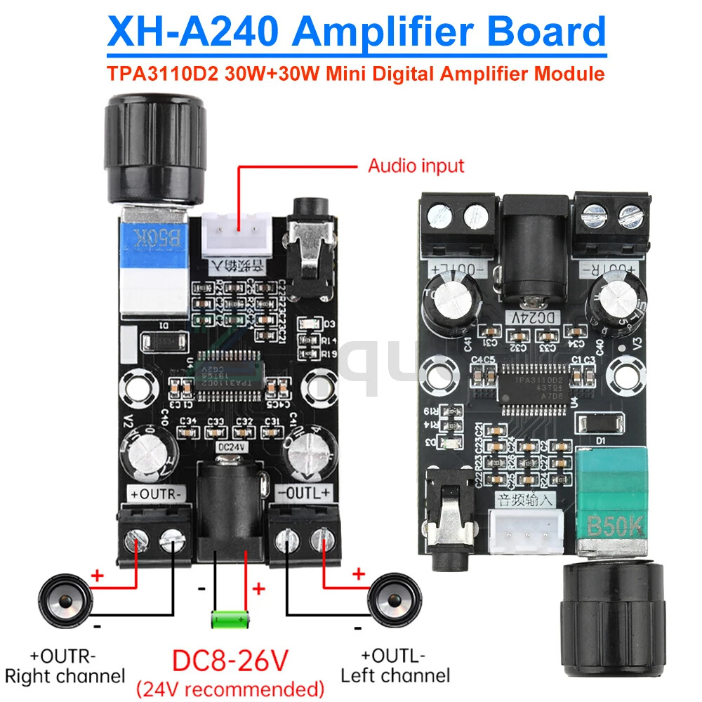XH-A240 Mini Digital Amplifier Board DC8-26V Universal HD TPA3110D2 30W+30W Digital Audio Power Amplifier Board Amp Module
XH-A240 Mini Digital Amplifier Board DC8-26V Universal HD TPA3110D2 30W+30W Digital Audio Power Amplifier Board Amp Module