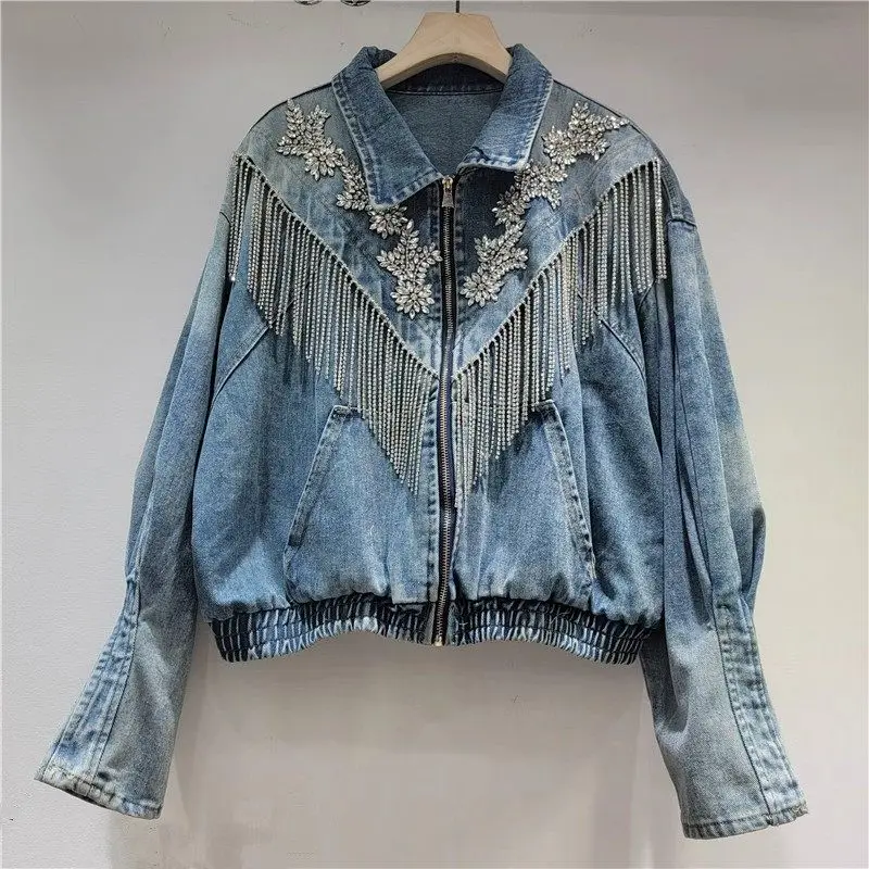 Heavy Work Diamond Chain Tassel Blue Short Denim Jacket Women Casual Turndown Collar Long Sleeve Jeans Jacket Coat Streetwear
Heavy Work Diamond Chain Tassel Blue Short Denim Jacket Women Casual Turndown Collar Long Sleeve Jeans Jacket Coat Streetwear