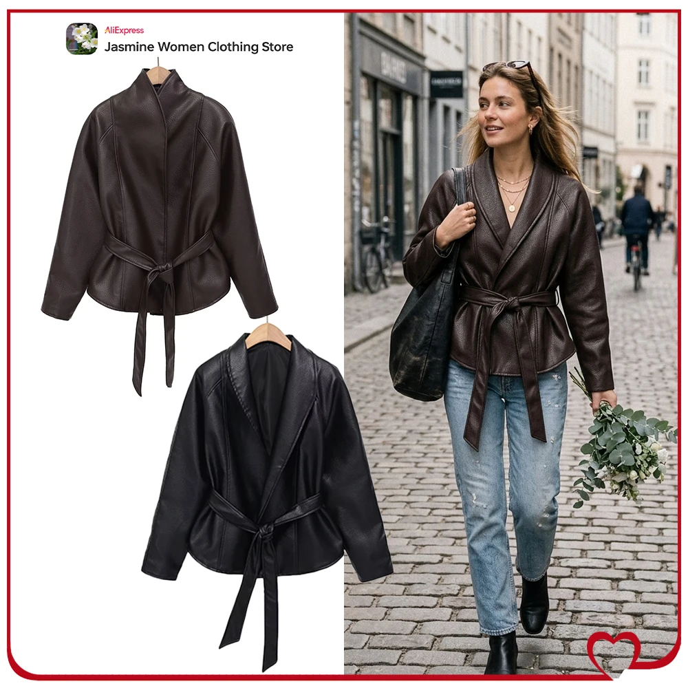 Elegant Chic Faux Leather Belted Jackets for Women New in Spring & Autumn Stylish High Neck Jacket with Adjustable Self Tie Belt
Elegant Chic Faux Leather Belted Jackets for Women New in Spring & Autumn Stylish High Neck Jacket with Adjustable Self Tie Belt