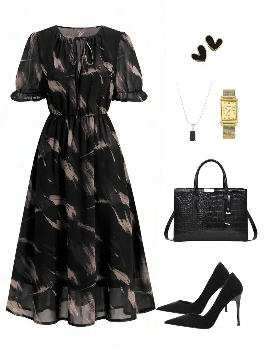 Black Sheer Midi Dress With Artistic Ink-Stroke Pattern, Puffed Short Sleeves, And Front Neck Tie For Chic Summer Elegance
Black Sheer Midi Dress With Artistic Ink-Stroke Pattern, Puffed Short Sleeves, And Front Neck Tie For Chic Summer Elegance