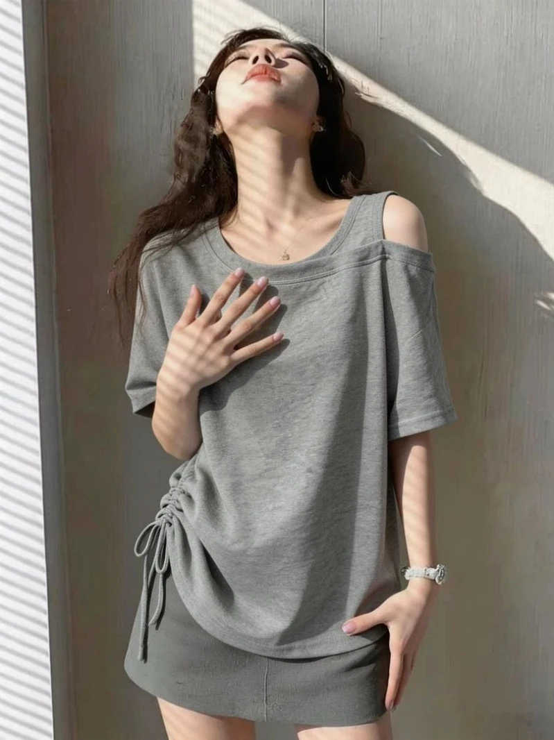 plus Size Women's T-Shirt Shoulder Bared Short Sleeve Casual Loose Fit Drawstring Summer Top for Heavy Girls Special Design
plus Size Women's T-Shirt Shoulder Bared Short Sleeve Casual Loose Fit Drawstring Summer Top for Heavy Girls Special Design