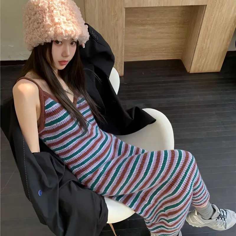 Female New Short V-neck Striped Long Skirt Strap Dress Knitted Stylish Ins Knitted Sleeveless Pullover Women
Female New Short V-neck Striped Long Skirt Strap Dress Knitted Stylish Ins Knitted Sleeveless Pullover Women