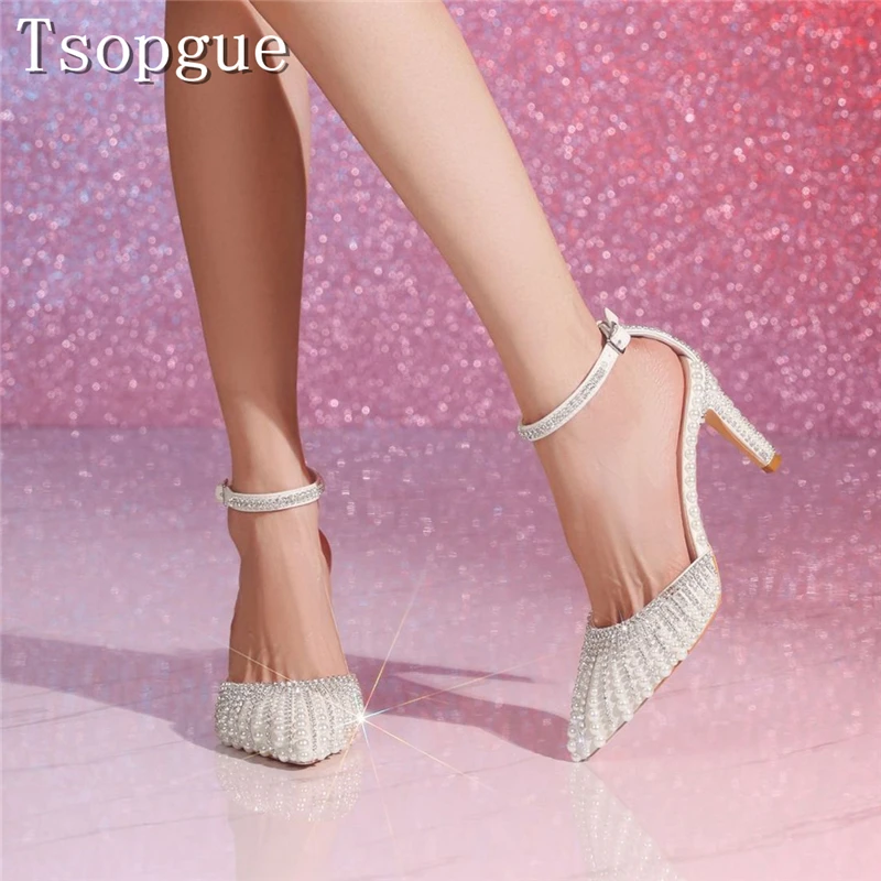 Women Pearl Rhinestone Stiletto Heeled Sandals, Pointed Toe Ankle Strap Wedding Party Bridal Dress High Heels
Women Pearl Rhinestone Stiletto Heeled Sandals, Pointed Toe Ankle Strap Wedding Party Bridal Dress High Heels