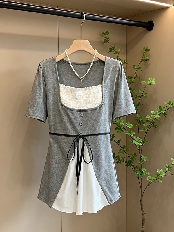 plus Size Color Block Shoulder T-Shirt Women's Summer New Style Slimming Beautiful Fake Two-Piece Top Korean Style Commute
plus Size Color Block Shoulder T-Shirt Women's Summer New Style Slimming Beautiful Fake Two-Piece Top Korean Style Commute