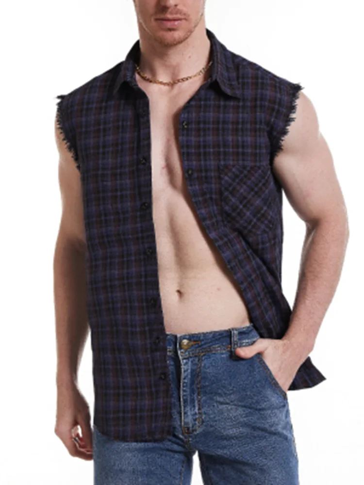 Men's Sleeveless Plaid Shirt With Frayed Hem Design, Casual Style Button Up Summer Fashion Streetwear Sleeveless Oversized Shirt
Men's Sleeveless Plaid Shirt With Frayed Hem Design, Casual Style Button Up Summer Fashion Streetwear Sleeveless Oversized Shirt