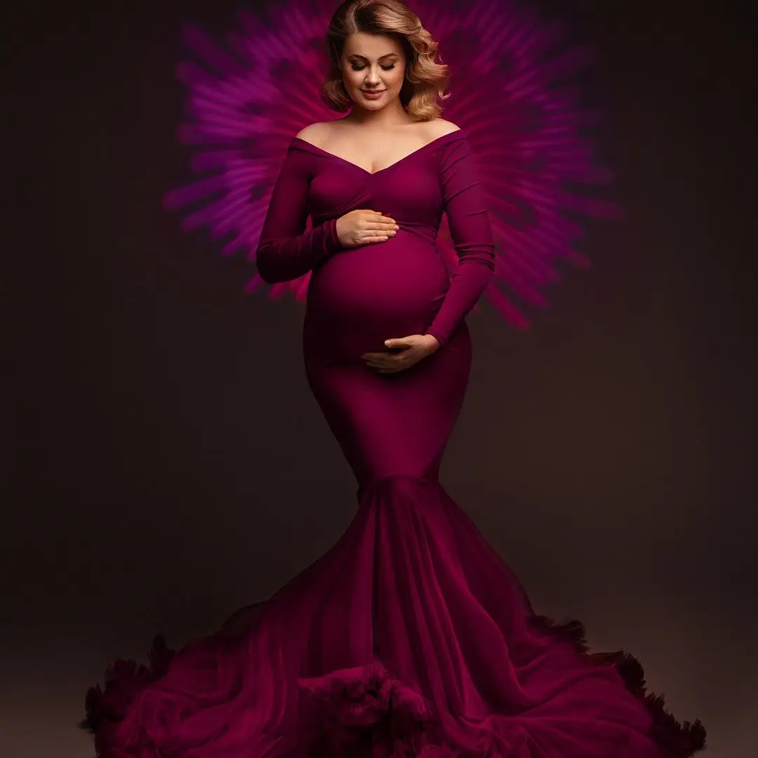 Elegant Burgundy Mermaid Maternity Dresses Long Sleeves Women Elastic Trumpet Prom Gown with Ruffle Photoshoot Boudoir Lingerie
Elegant Burgundy Mermaid Maternity Dresses Long Sleeves Women Elastic Trumpet Prom Gown with Ruffle Photoshoot Boudoir Lingerie