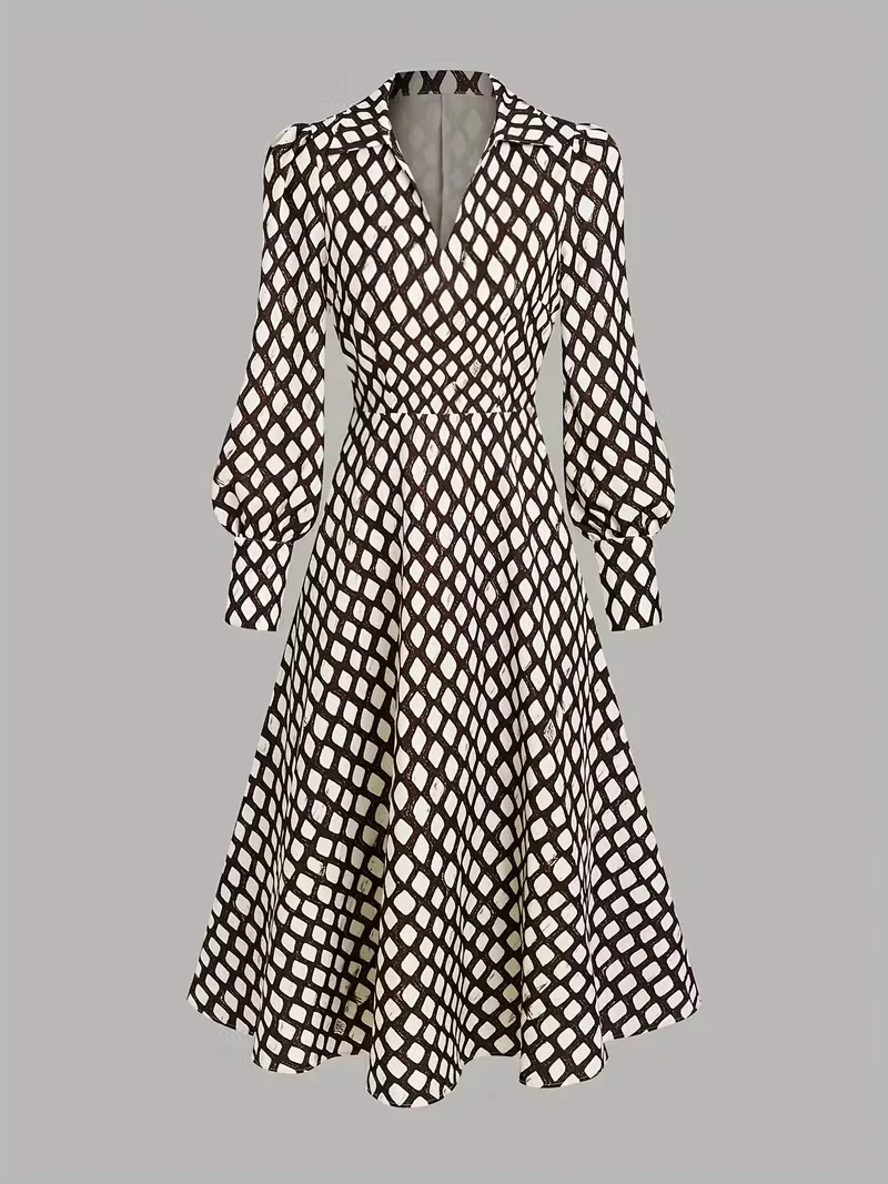 2026 Elegant Chic Woman Evening Dress Geometric Print Lapel Collar lantern Sleeve Fashion Midi Dresses No belt Included
2026 Elegant Chic Woman Evening Dress Geometric Print Lapel Collar lantern Sleeve Fashion Midi Dresses No belt Included