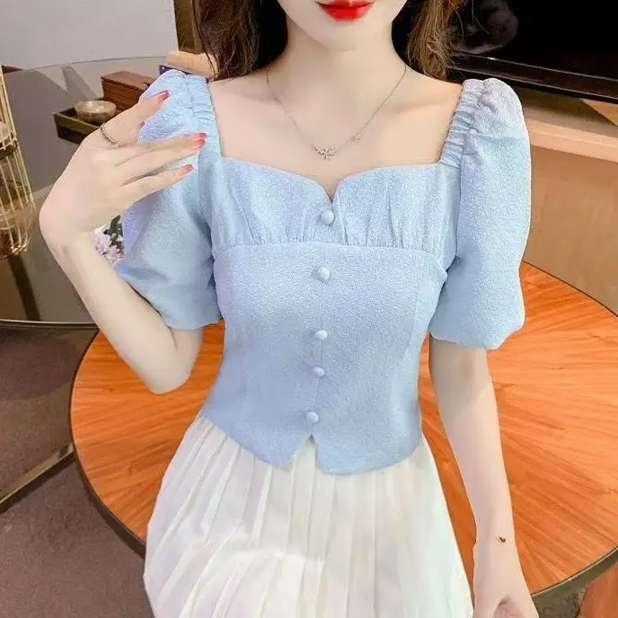 Vintage Square Neck Puff Sleeve Short Blue Blouse Ruched Puff Sleeve Slim-fitting Beige Shirt Solid Color Simple T-shirt Tops
Vintage Square Neck Puff Sleeve Short Blue Blouse Ruched Puff Sleeve Slim-fitting Beige Shirt Solid Color Simple T-shirt Tops