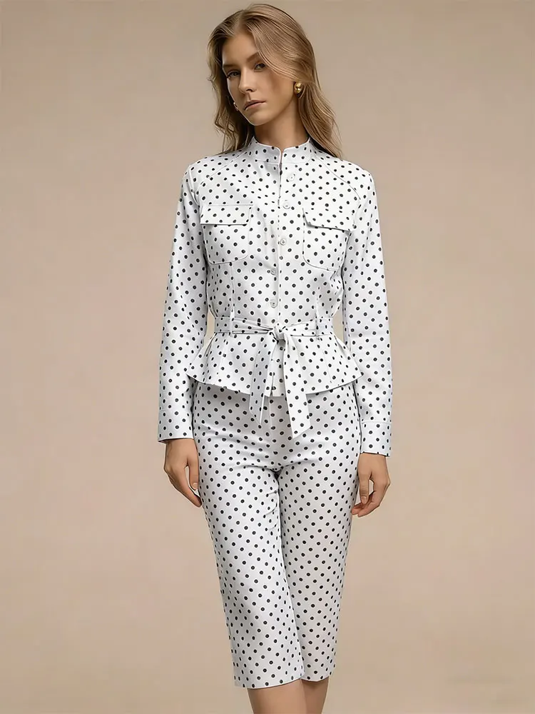 HH Women Elegant Single Breasted Long Sleeve Shirt Belt Coat With Pockets High Waist Capri Pants Fashion Polka Dots 2 Piece Set
HH Women Elegant Single Breasted Long Sleeve Shirt Belt Coat With Pockets High Waist Capri Pants Fashion Polka Dots 2 Piece Set