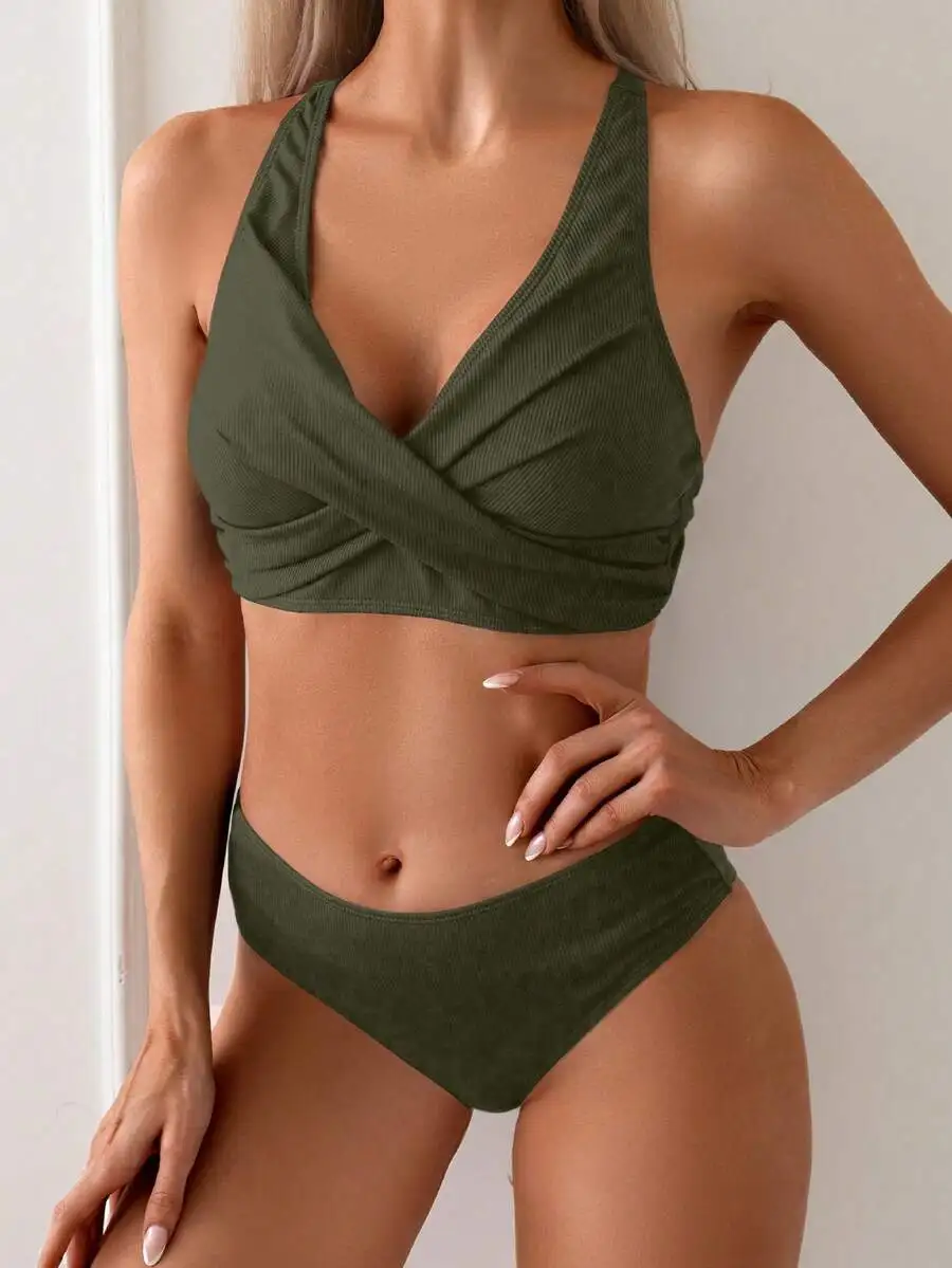 Olive Green V-Neck Cross Front Bikini Set Solid Color Swimsuit
Olive Green V-Neck Cross Front Bikini Set Solid Color Swimsuit