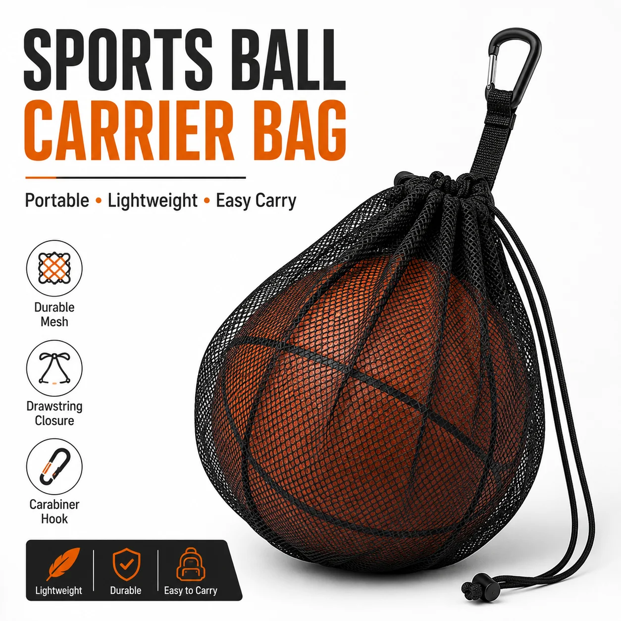 Portable Sports Ball Carrier Bag, Mesh Drawstring Basketball Soccer Volleyball Storage Pouch with Carabiner Hook
Portable Sports Ball Carrier Bag, Mesh Drawstring Basketball Soccer Volleyball Storage Pouch with Carabiner Hook
