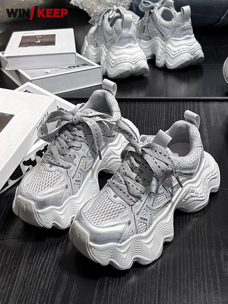 Outdoor Ladie Breathable Mesh Spliced Split Leather Lace Up Running Shoes Thick Platform Training Shoes Sport Sneakers Joggers
Outdoor Ladie Breathable Mesh Spliced Split Leather Lace Up Running Shoes Thick Platform Training Shoes Sport Sneakers Joggers