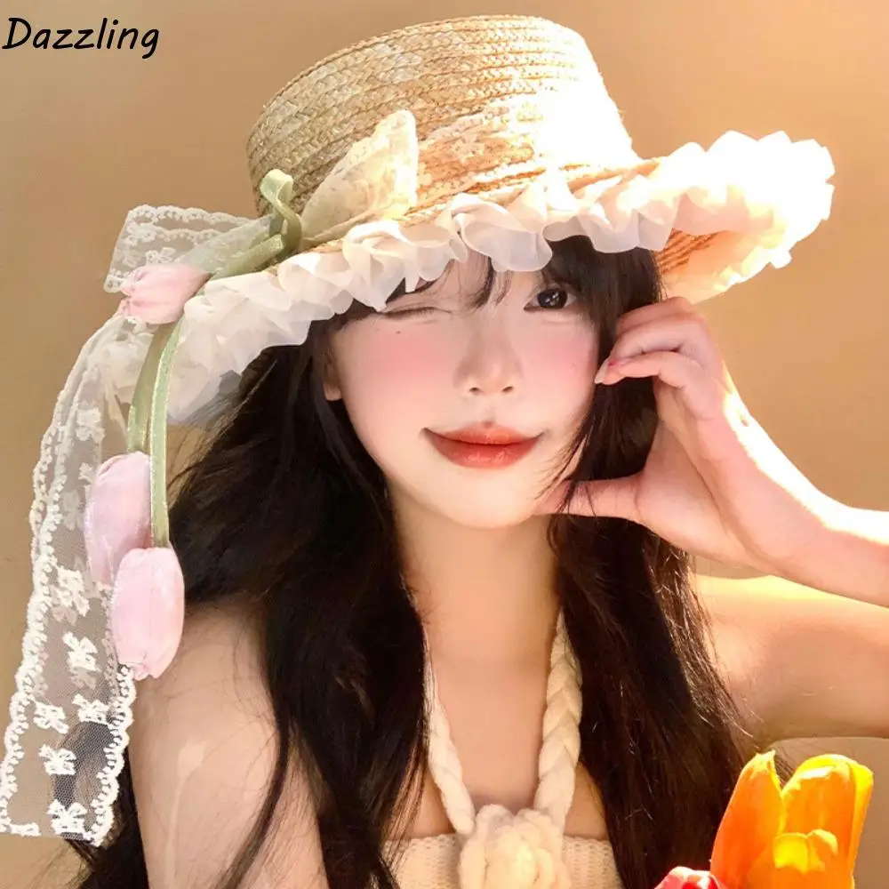 Sunscreen Lace Bow Straw Hat Wide Brim Weave Outing in Spring Tulip Hat UV Protection Flower Summer Beach Sun Hat
Sunscreen Lace Bow Straw Hat Wide Brim Weave Outing in Spring Tulip Hat UV Protection Flower Summer Beach Sun Hat