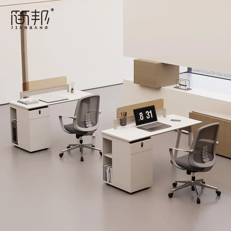 PYJ staff, the desk is lined up against the wall, and the white desk and chair combination for two employees
PYJ staff, the desk is lined up against the wall, and the white desk and chair combination for two employees