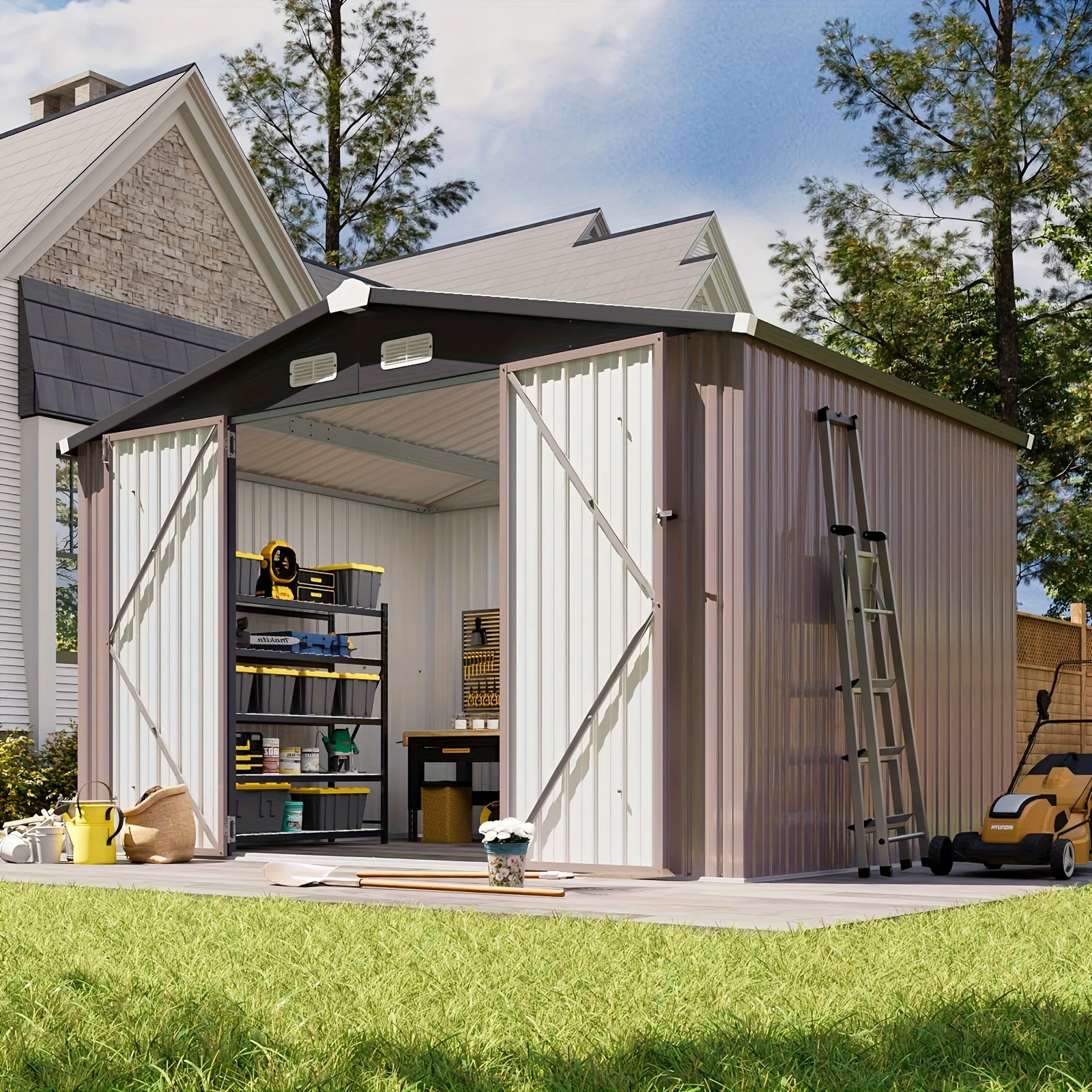10x8ft Metal Storage Shed - Outdoor Garden Shed Kit, Lockable Tool Shed, Backyard Shed with Double Hinged Doors, Carport for Car, Truck, Bike And Lawn Mower & Equipment, Brown
10x8ft Metal Storage Shed - Outdoor Garden Shed Kit, Lockable Tool Shed, Backyard Shed with Double Hinged Doors, Carport for Car, Truck, Bike And Lawn Mower & Equipment, Brown