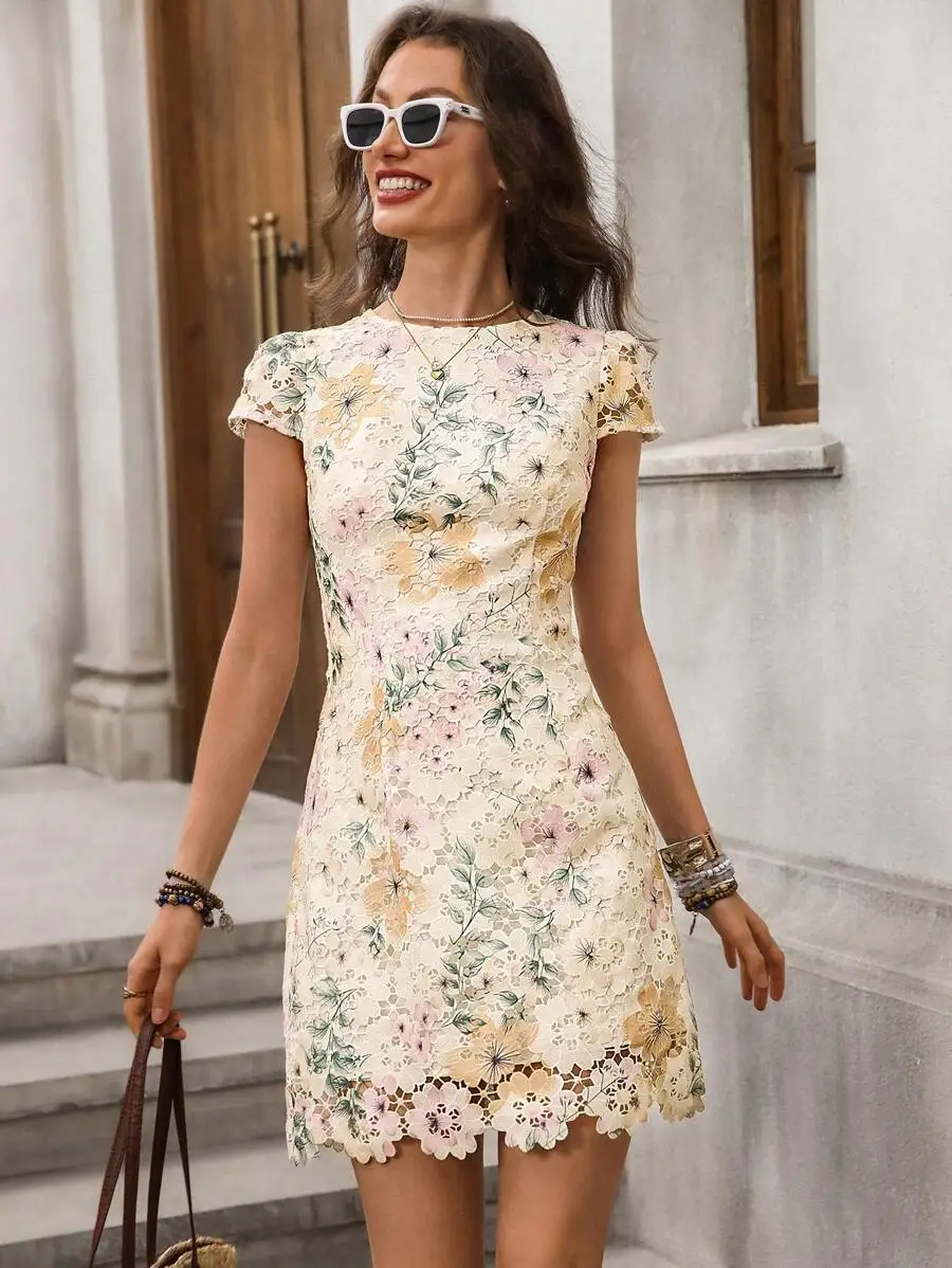 Womens Lace Floral Short Sleeve Dress With Asymmetrical Hem Summer Casual Dress
Womens Lace Floral Short Sleeve Dress With Asymmetrical Hem Summer Casual Dress