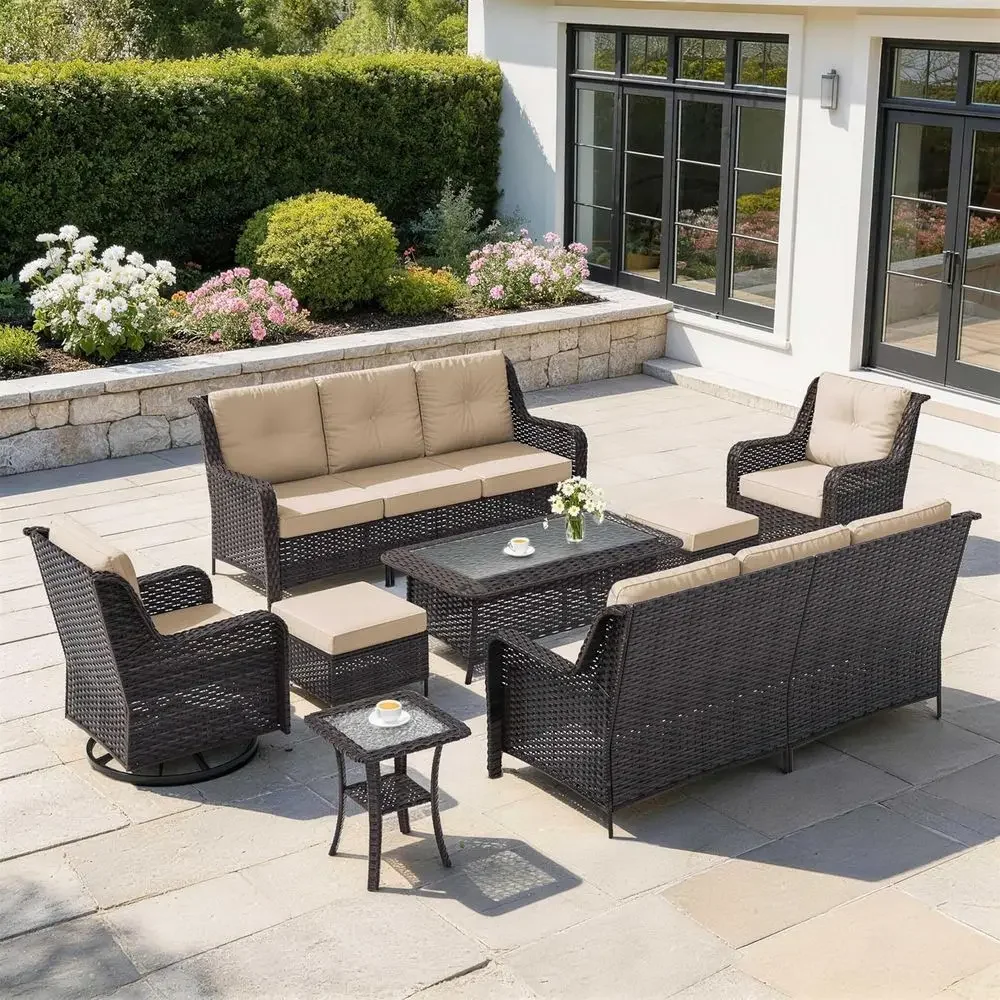 8-Piece Outdoor Wicker Sectional with 2 Swivel Chairs, High Back Couch for Patio, Deck, or Porch, Brown
8-Piece Outdoor Wicker Sectional with 2 Swivel Chairs, High Back Couch for Patio, Deck, or Porch, Brown