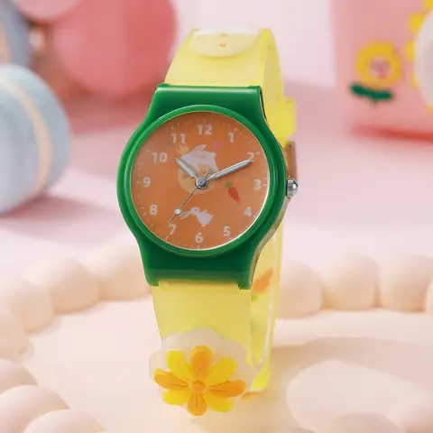 New Rabbit Carrot Cartoon Quartz Watch for Girls with Colorful Silicone Strap and Cute Animal Decoration
