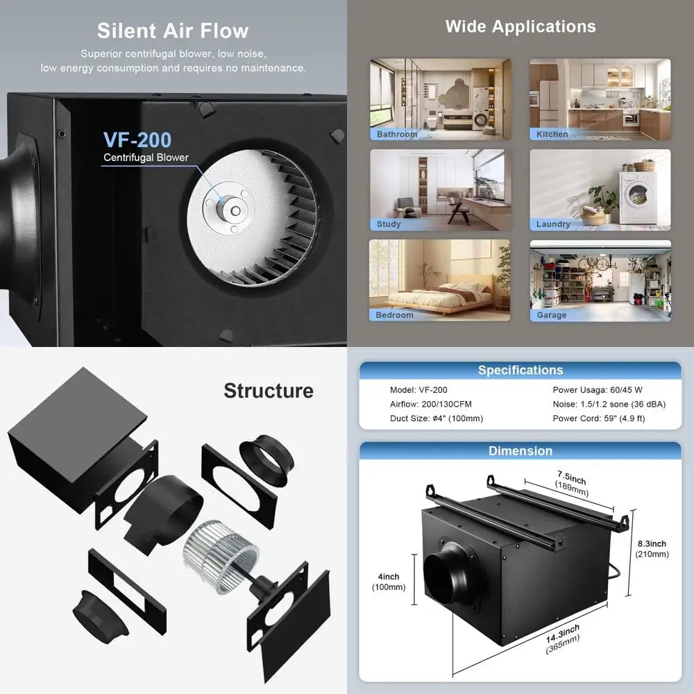 Ultra Quiet 2-Speed Inline Bathroom Exhaust Fan - 200CM/130CM Adjustable for Home & Garage
Ultra Quiet 2-Speed Inline Bathroom Exhaust Fan - 200CM/130CM Adjustable for Home & Garage