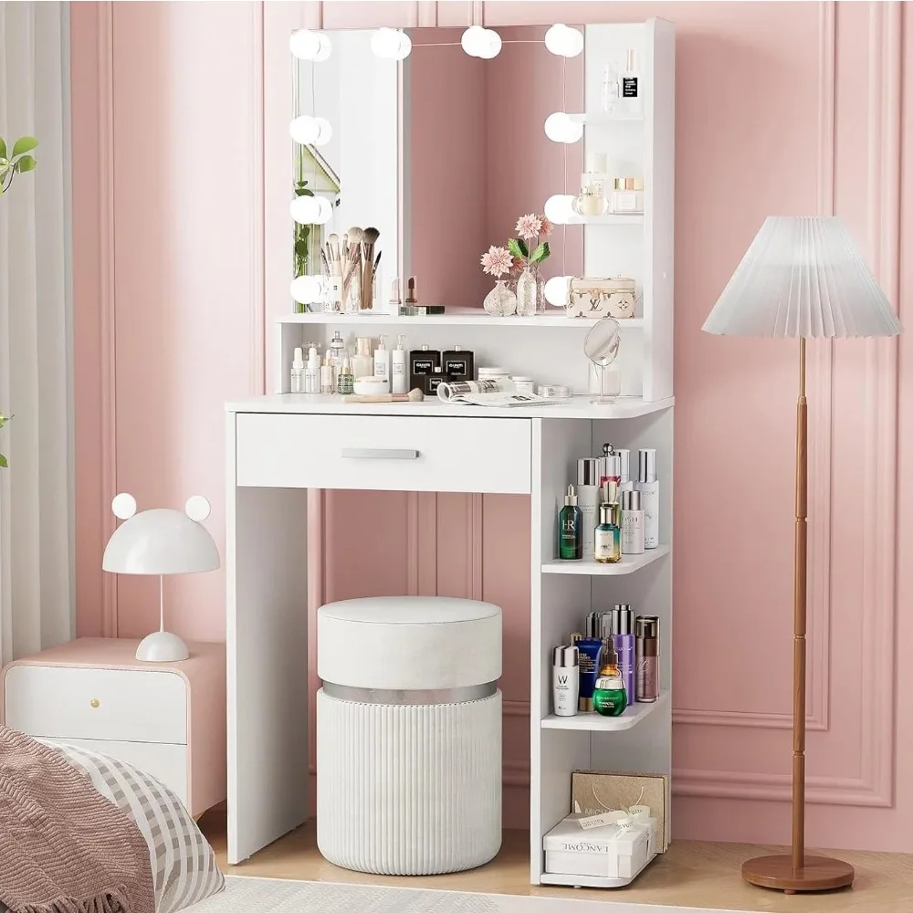 Makeup Vanity Desk with Mirror and Lights, 26.4" White Vanity Mirror with 6 Level Storage,3 Color Lighting Modes
Makeup Vanity Desk with Mirror and Lights, 26.4" White Vanity Mirror with 6 Level Storage,3 Color Lighting Modes