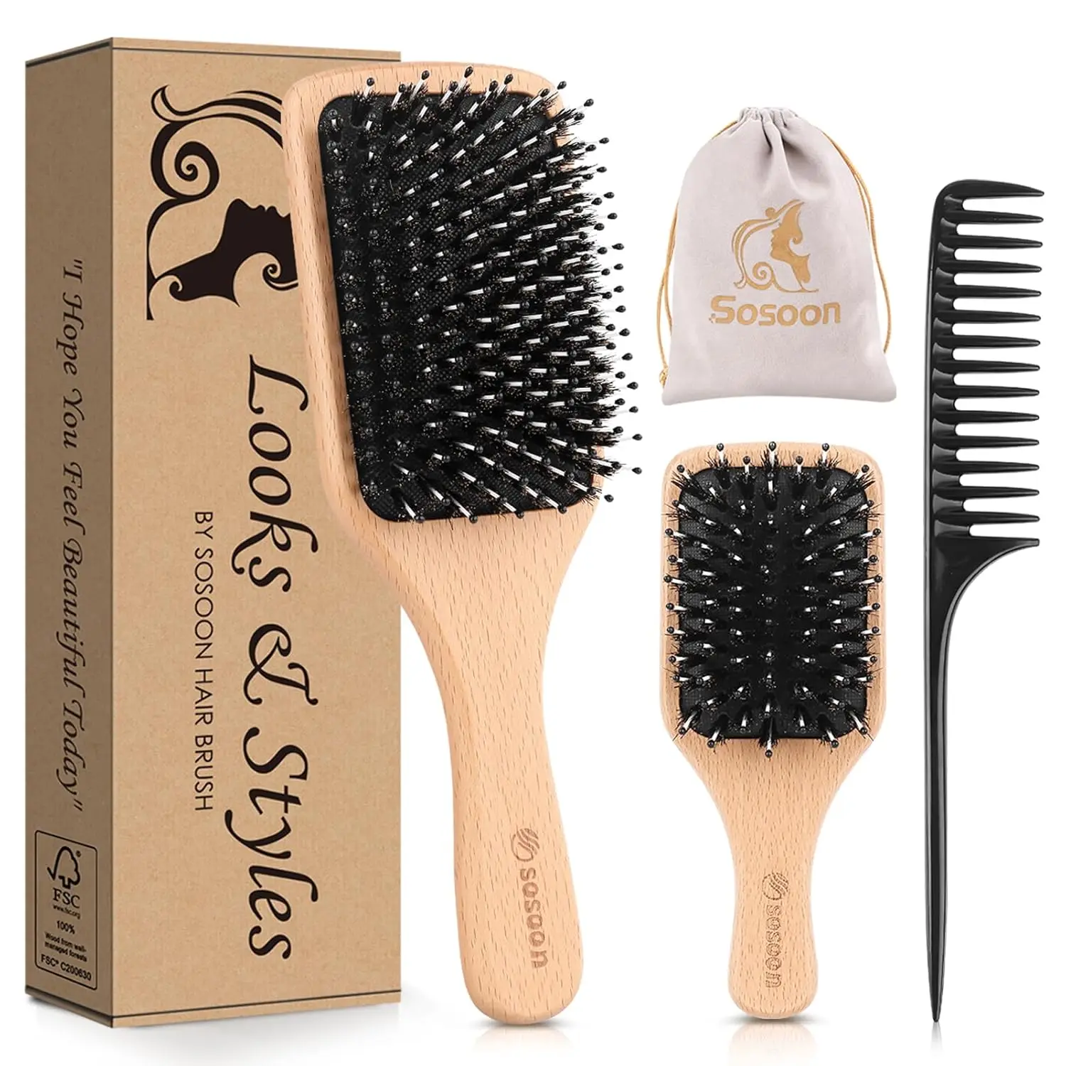 Boar Bristle Hairbrush Set, 2 Pack Paddle Brush with Tail Comb, Travel Size, Reduces Frizz & Tangles, Gift Box
Boar Bristle Hairbrush Set, 2 Pack Paddle Brush with Tail Comb, Travel Size, Reduces Frizz & Tangles, Gift Box