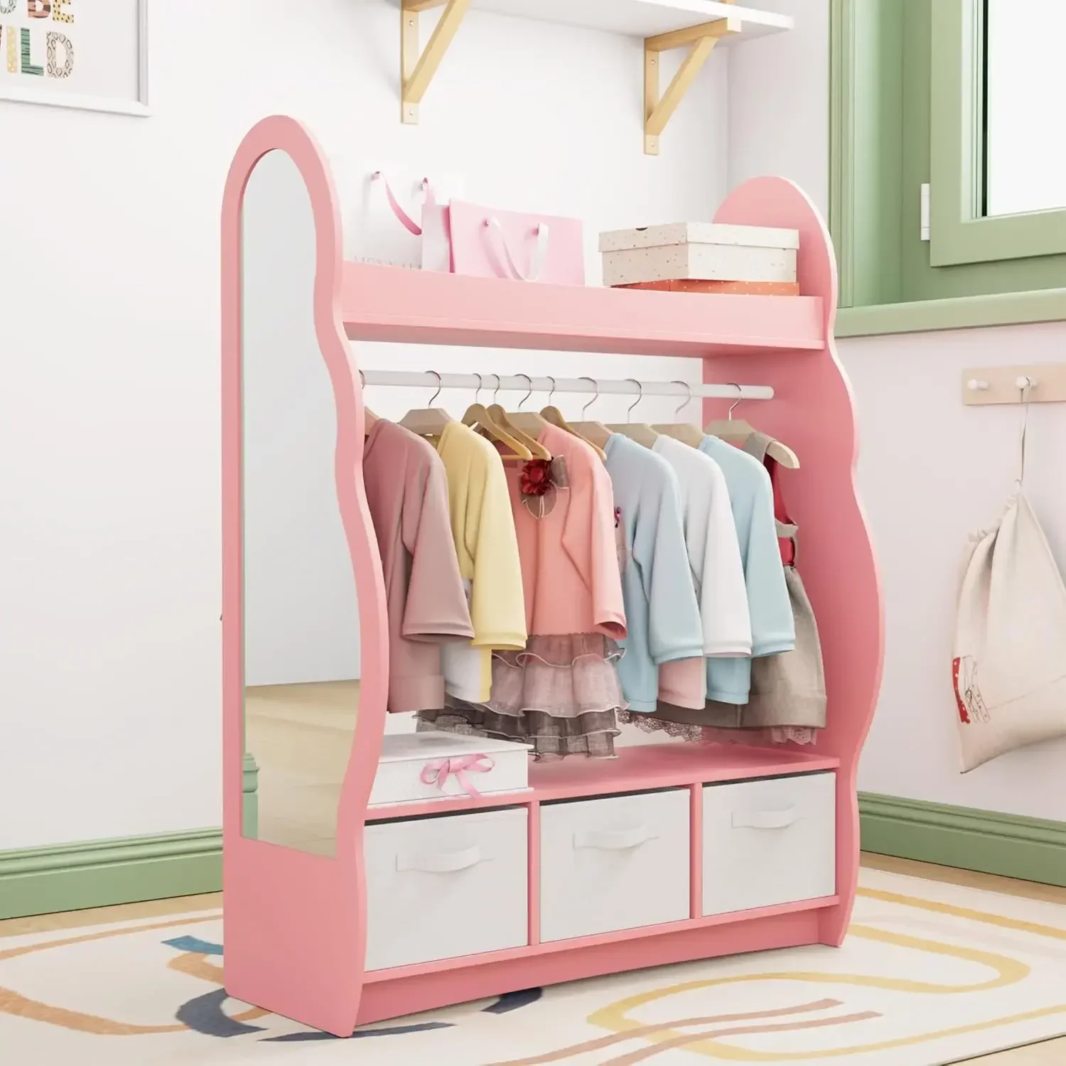 Kids Dress Up Storage Rack Mirror Wood Child Wardrobe 2 Hooks 2 Fabric Bins Toddler Closet Girls Boys Open Hanging Armoire Stora
Kids Dress Up Storage Rack Mirror Wood Child Wardrobe 2 Hooks 2 Fabric Bins Toddler Closet Girls Boys Open Hanging Armoire Stora