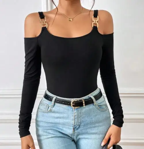 Top Women 2026 Spring Autumn New Fashion Metal Hook Decor Long Sleeved Casual Solid Color Cold Shoulder Slim Fit Basic Top
Top Women 2026 Spring Autumn New Fashion Metal Hook Decor Long Sleeved Casual Solid Color Cold Shoulder Slim Fit Basic Top