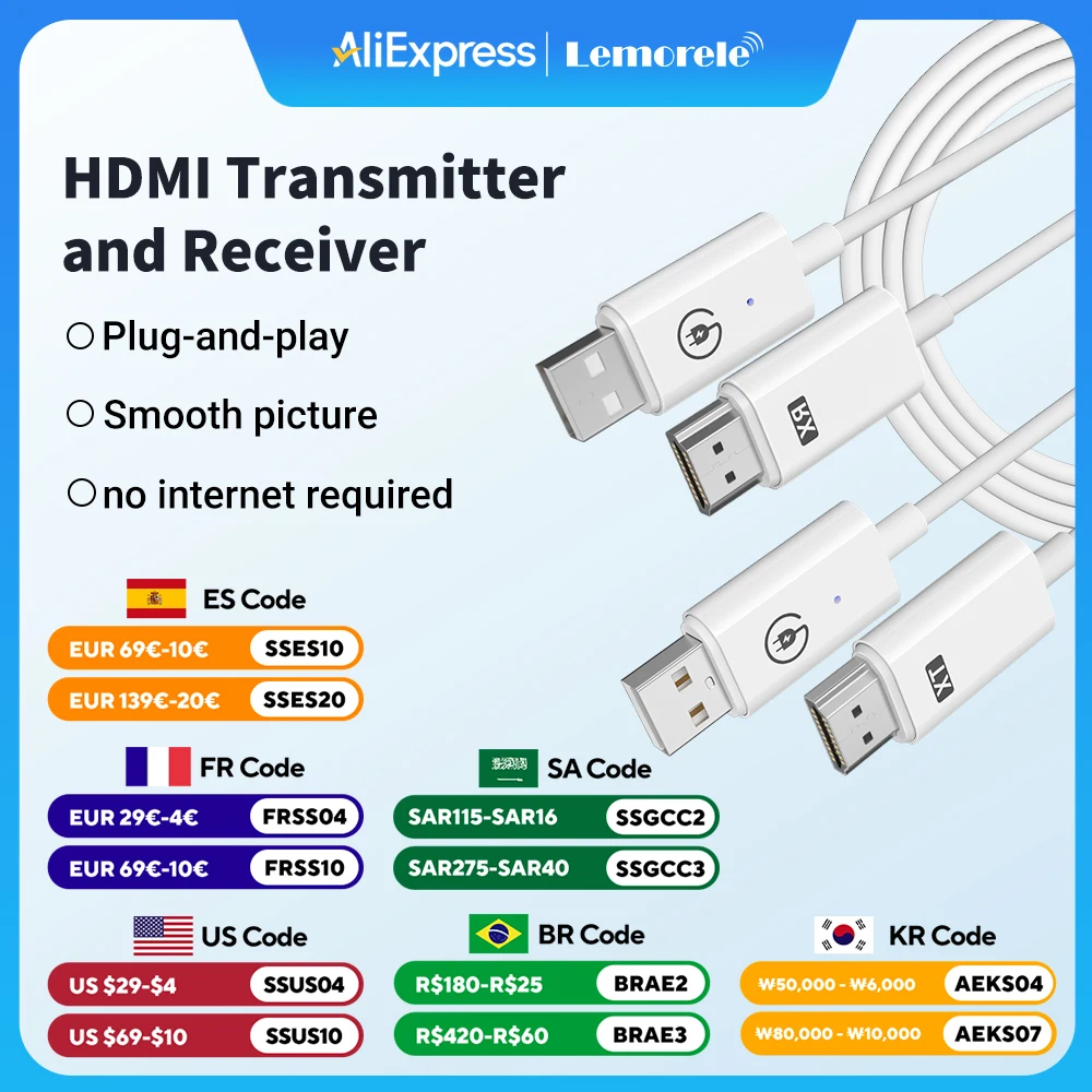 Lemorele HDMI Wireless Transmitter Receiver Extender Kit 164FT/30M Wireless Display Dongle for TV Camera Streaming Projector
Lemorele HDMI Wireless Transmitter Receiver Extender Kit 164FT/30M Wireless Display Dongle for TV Camera Streaming Projector