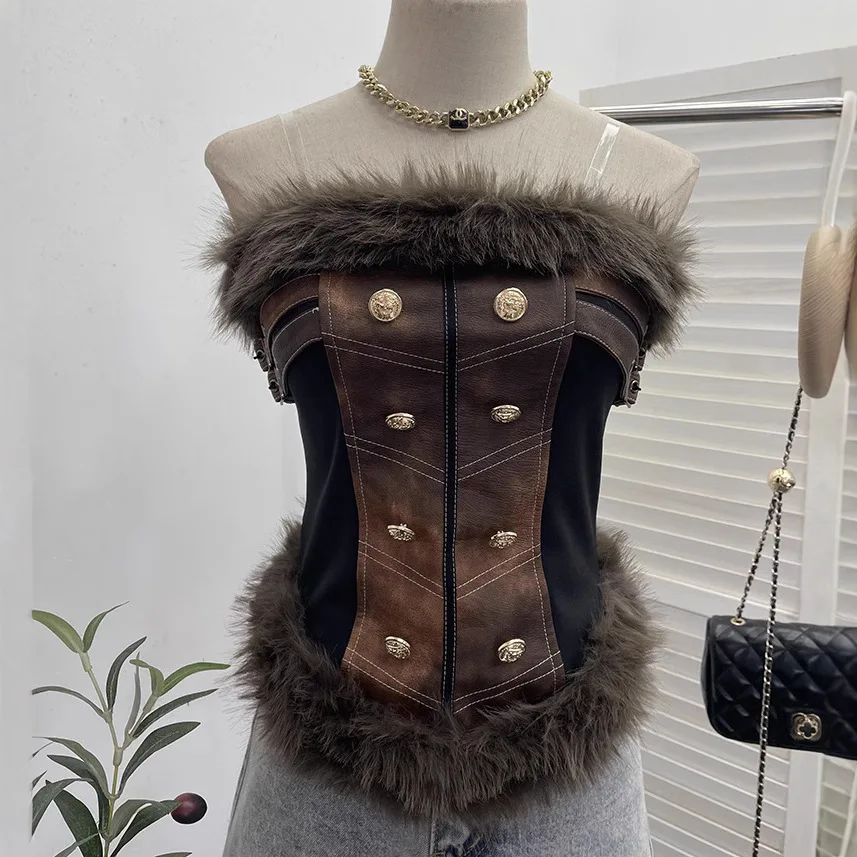 Winter New Women's Sexy Pu Leather Tube Top Fluffy Splicing Suspender Crop Top Waist Short Sleeveless Y2k Top
Winter New Women's Sexy Pu Leather Tube Top Fluffy Splicing Suspender Crop Top Waist Short Sleeveless Y2k Top
