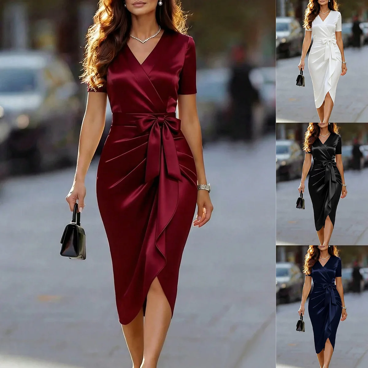 Elegant Satin V Neck Ruffle Bowknot Midi Dress Dresses for Women Spring Summer
Elegant Satin V Neck Ruffle Bowknot Midi Dress Dresses for Women Spring Summer
