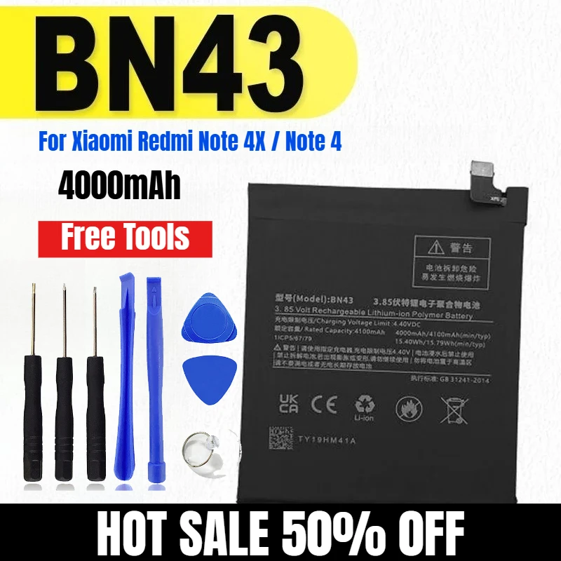 BN43 4000mAh for Xiaomi Redmi Note 4X / Note 4 Mobile Phone Batteries + Free Tools
BN43 4000mAh for Xiaomi Redmi Note 4X / Note 4 Mobile Phone Batteries + Free Tools