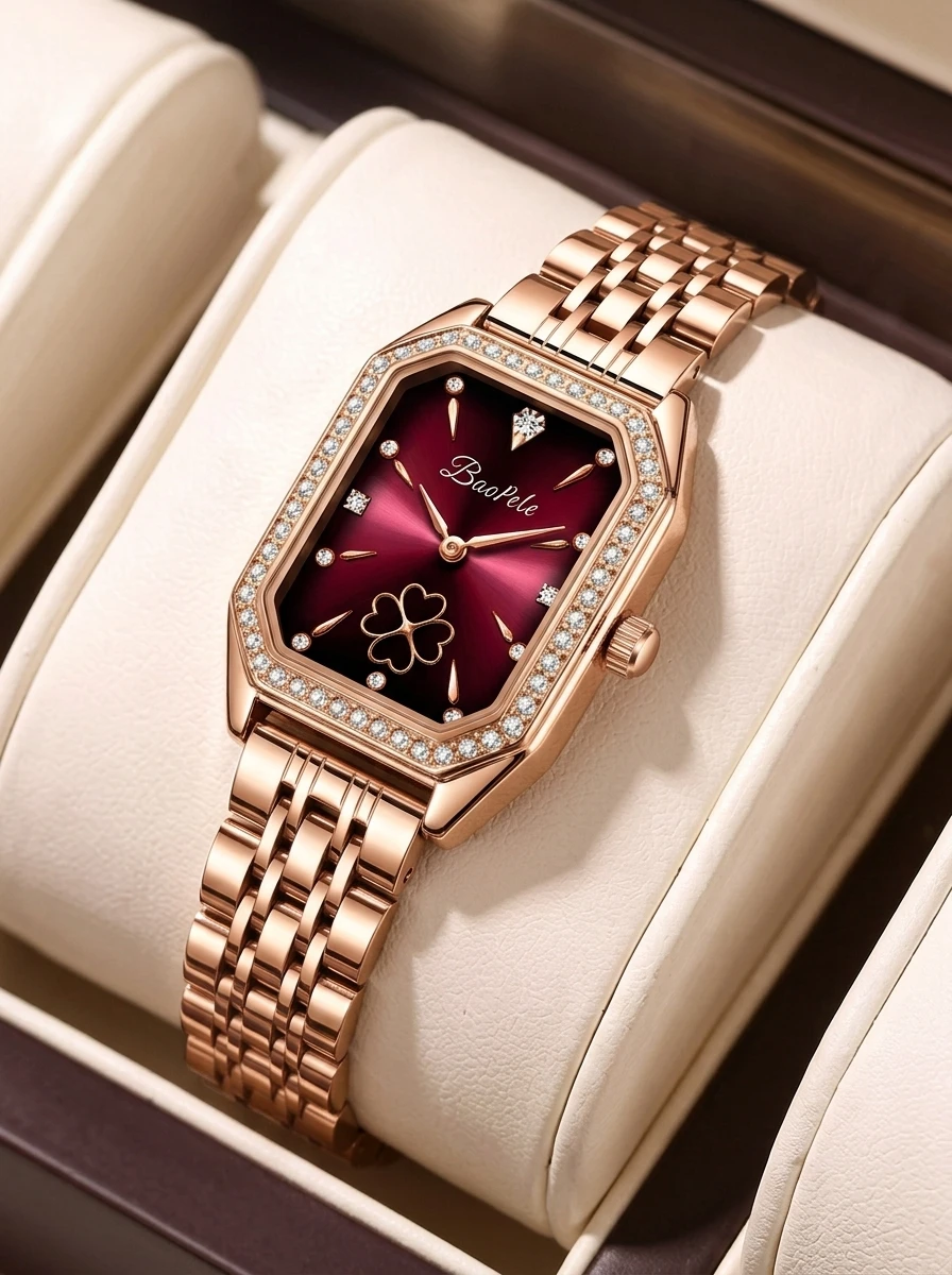 1 Piece Luxury Elegant Women's Burgundy Gradient Square Four-Leaf Clover Diamond Rose Gold Steel Band Stylish Versatile Waterpro
1 Piece Luxury Elegant Women's Burgundy Gradient Square Four-Leaf Clover Diamond Rose Gold Steel Band Stylish Versatile Waterpro
