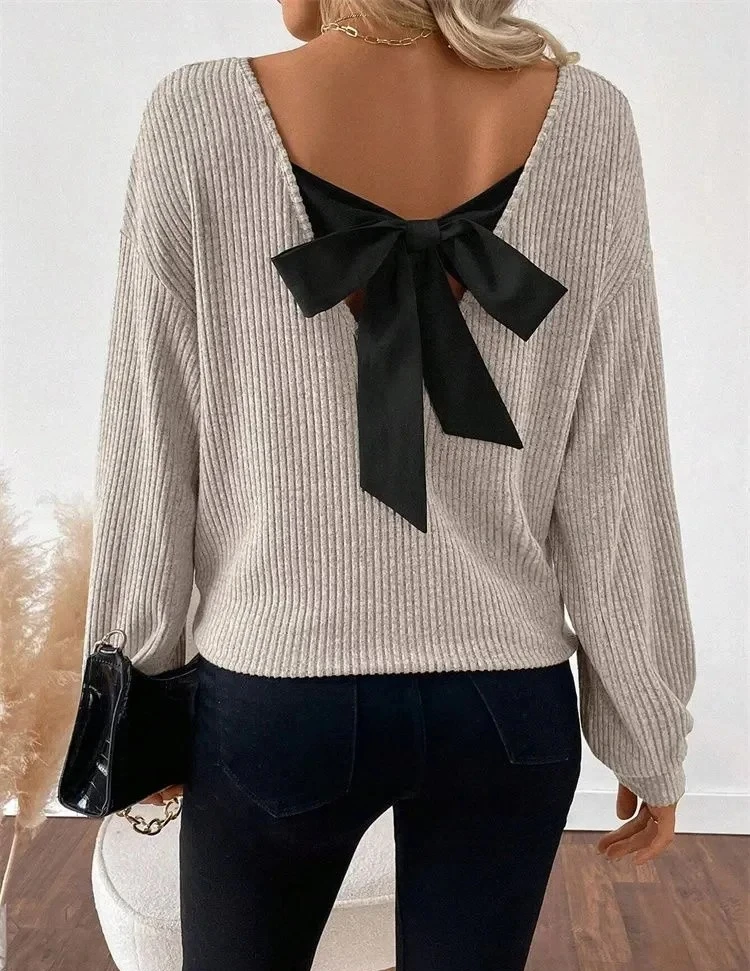 Bow Back Long Sleeve Blouse Women Autumn Spring Winter Elegant Backless V-neck Rib-knit Loose Top Streetwear
Bow Back Long Sleeve Blouse Women Autumn Spring Winter Elegant Backless V-neck Rib-knit Loose Top Streetwear