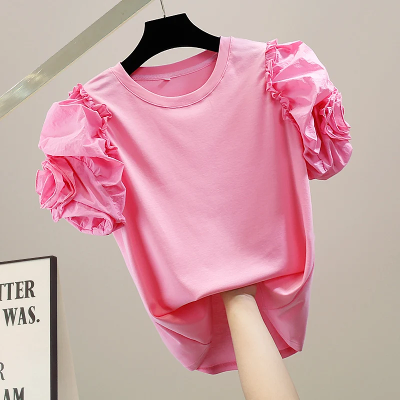 Fashion Three-dimensional Flower Bubble Sleeve Fungus Edge Splicing Short-sleeved T-shirt Temperament Top for Women Ladies
Fashion Three-dimensional Flower Bubble Sleeve Fungus Edge Splicing Short-sleeved T-shirt Temperament Top for Women Ladies