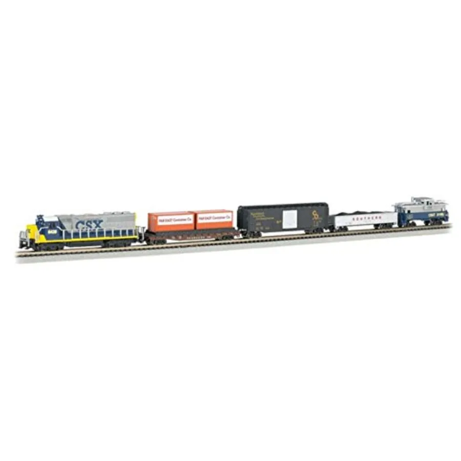 Freightmaster Ready To Run 60 Piece Electric Train Set for N Scale model railroading, silver metal and plastic construction, sm
Freightmaster Ready To Run 60 Piece Electric Train Set for N Scale model railroading, silver metal and plastic construction, sm