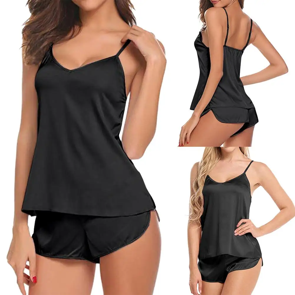 Сексуальный роскошный летний комплект одежды для сна с открытой спиной и глубоким V-образным вырезом, мягкий атласный пижамный комплект для женщин, удобные майки с короткими рукавами и шорты 
Сексуальный роскошный летний комплект одежды для сна с открытой спиной и глубоким V-образным вырезом, мягкий атласный пижамный комплект для женщин, удобные майки с короткими рукавами и шорты