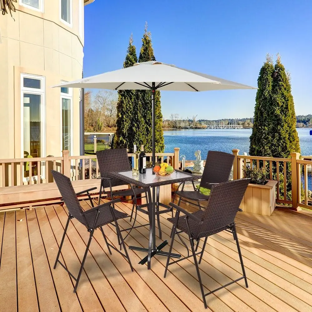 5 Pieces Patio olding Bar Set with Umbrella Hole, Outdoor 4 oldable Wicker Counter Height Chairs and Square Glass Top Table Set,
5 Pieces Patio olding Bar Set with Umbrella Hole, Outdoor 4 oldable Wicker Counter Height Chairs and Square Glass Top Table Set,