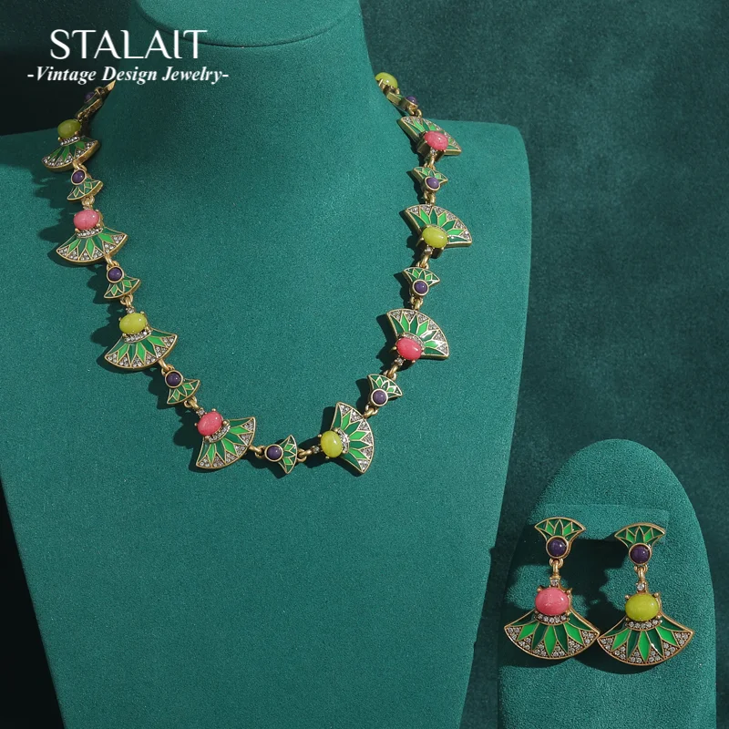 Vintage Women Jewelry Sets Wedding Fan Enamel Necklace Bride Accessories Green Colorful Glass Gold Color Natural Stone 2025
Vintage Women Jewelry Sets Wedding Fan Enamel Necklace Bride Accessories Green Colorful Glass Gold Color Natural Stone 2025