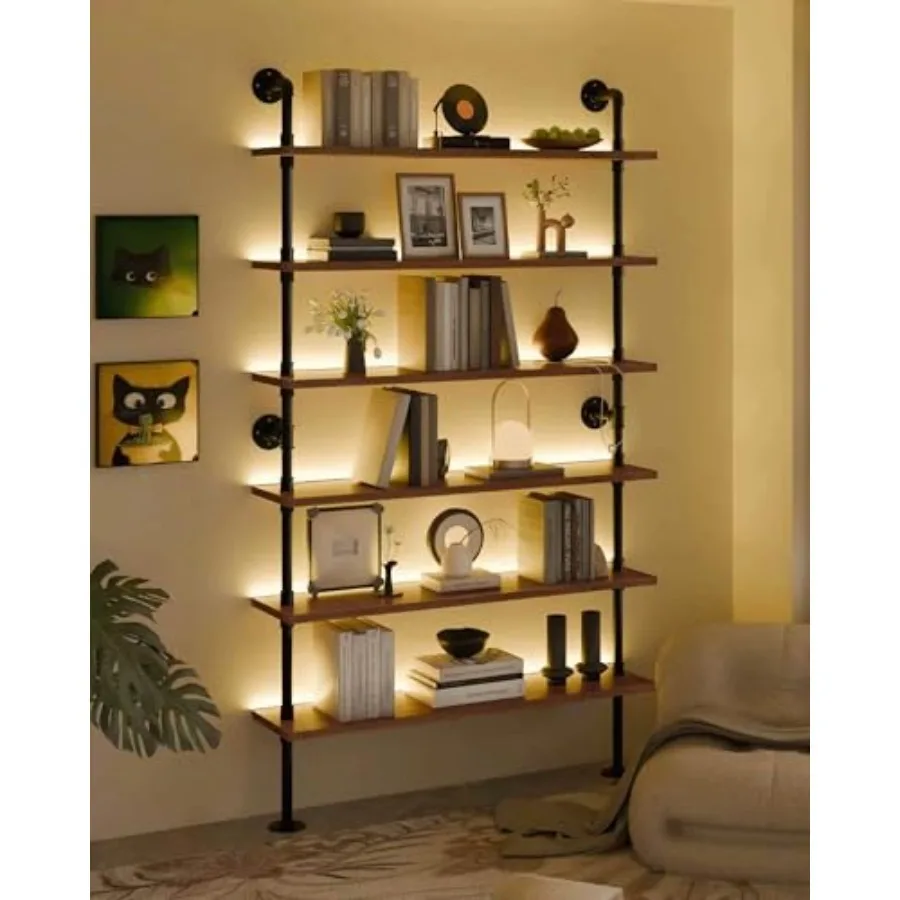 6-Tier Ladder Shelf with Warm LED Light Strip, Solid Pine Wood Wall Mounted Bookshelf in Brown, 48-Inch Industrial Pipe Bookcas
6-Tier Ladder Shelf with Warm LED Light Strip, Solid Pine Wood Wall Mounted Bookshelf in Brown, 48-Inch Industrial Pipe Bookcas