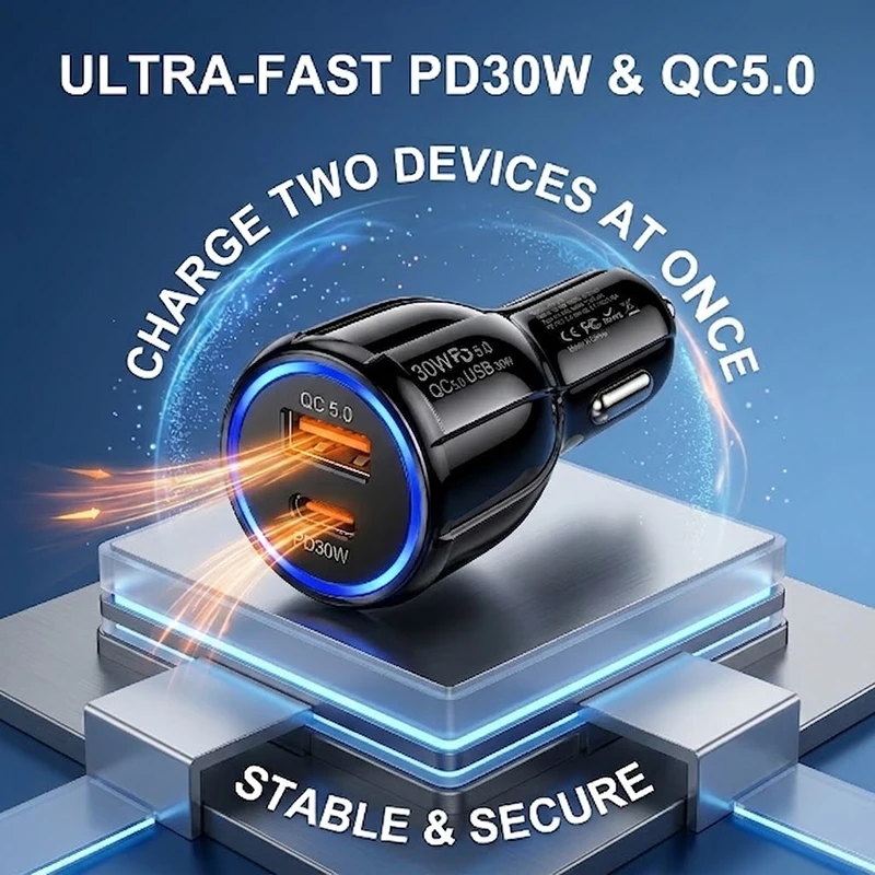 Dual Port Fast Car Charger 30W PD QC 5.0 USB C Adapter Stable Metal Contacts Blue LED Light For Smart Phones Tablets For iPhone
Dual Port Fast Car Charger 30W PD QC 5.0 USB C Adapter Stable Metal Contacts Blue LED Light For Smart Phones Tablets For iPhone