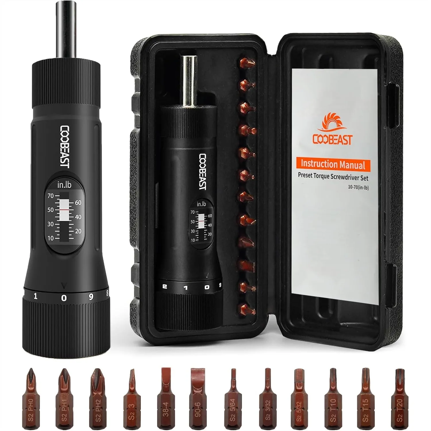 13-Piece Preset Torque Screwdriver Set with S2 Bits, 1/4" Drive for Maintenance and Bike Repair, 10-70 In-lb
13-Piece Preset Torque Screwdriver Set with S2 Bits, 1/4" Drive for Maintenance and Bike Repair, 10-70 In-lb