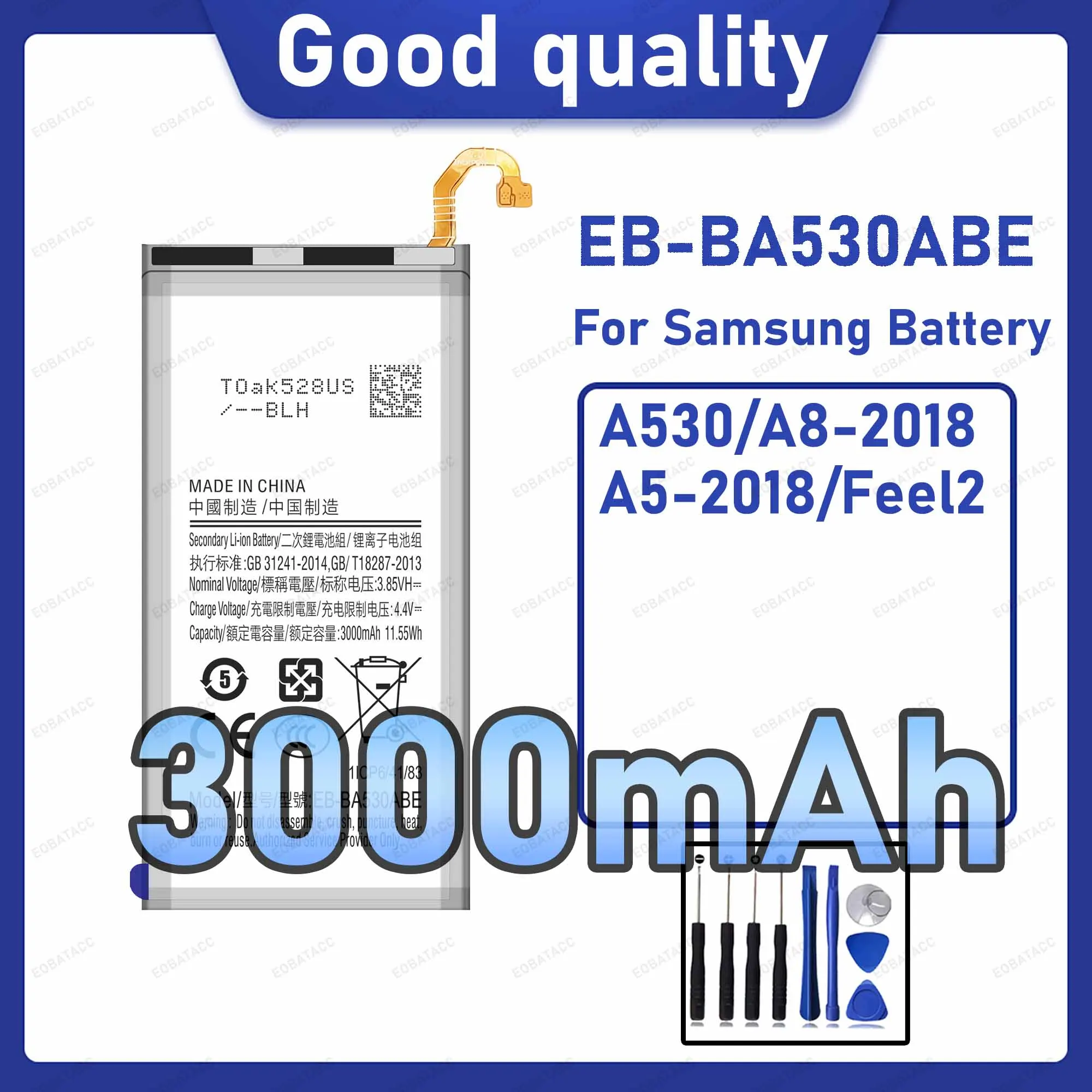 3000mAh EB-BA530ABE Replacement Battery for Samsung Galaxy A8-2018/A5-2018 with Repair Tools Kit
3000mAh EB-BA530ABE Replacement Battery for Samsung Galaxy A8-2018/A5-2018 with Repair Tools Kit