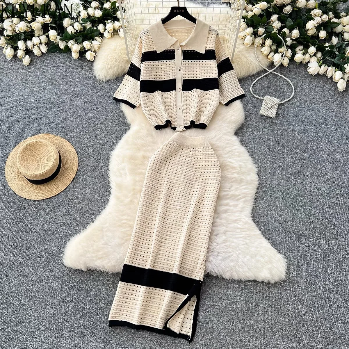 Spring Summer Vacation Style Casual Knitted Two Piece Set Women Korean Chic Hollow Out Striped Sweater Cardigan +Long Skirt Sets
Spring Summer Vacation Style Casual Knitted Two Piece Set Women Korean Chic Hollow Out Striped Sweater Cardigan +Long Skirt Sets