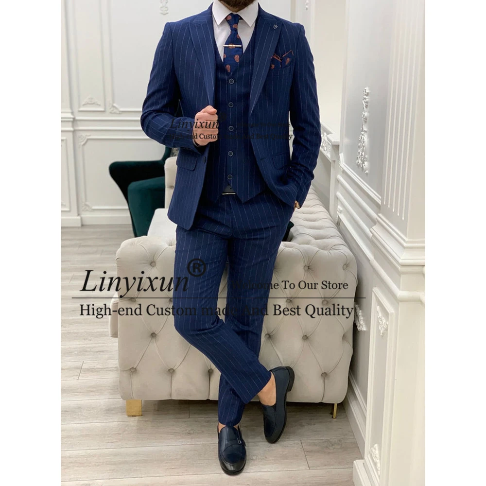 Fashion Navy Blue Striped Men Suits Formal Business Blazer Slim Fit Banquet Tuxedo 3 Piece Set Jacket Vest Pants Terno Masculino
Fashion Navy Blue Striped Men Suits Formal Business Blazer Slim Fit Banquet Tuxedo 3 Piece Set Jacket Vest Pants Terno Masculino