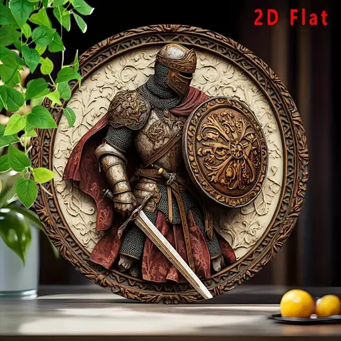 2D Flat 1pc Retro Vintage Medieval Warriors Aluminum Wall Sign - 20.32x20.32 cm Round Metal Decor for Home, Office, Kitchen & Li