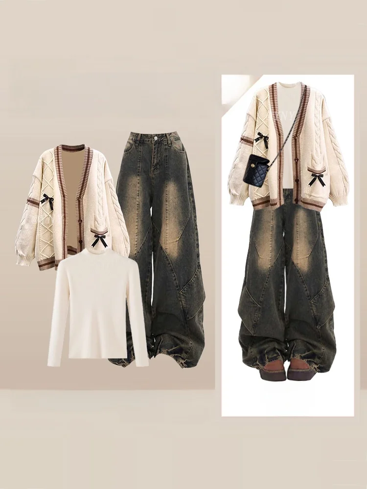 Early Autumn Korean Style Women's Fashion Set High Waist Denim And Knitted Cardigan with Bow Tie White T-Shirt Three Piece Suit
Early Autumn Korean Style Women's Fashion Set High Waist Denim And Knitted Cardigan with Bow Tie White T-Shirt Three Piece Suit
