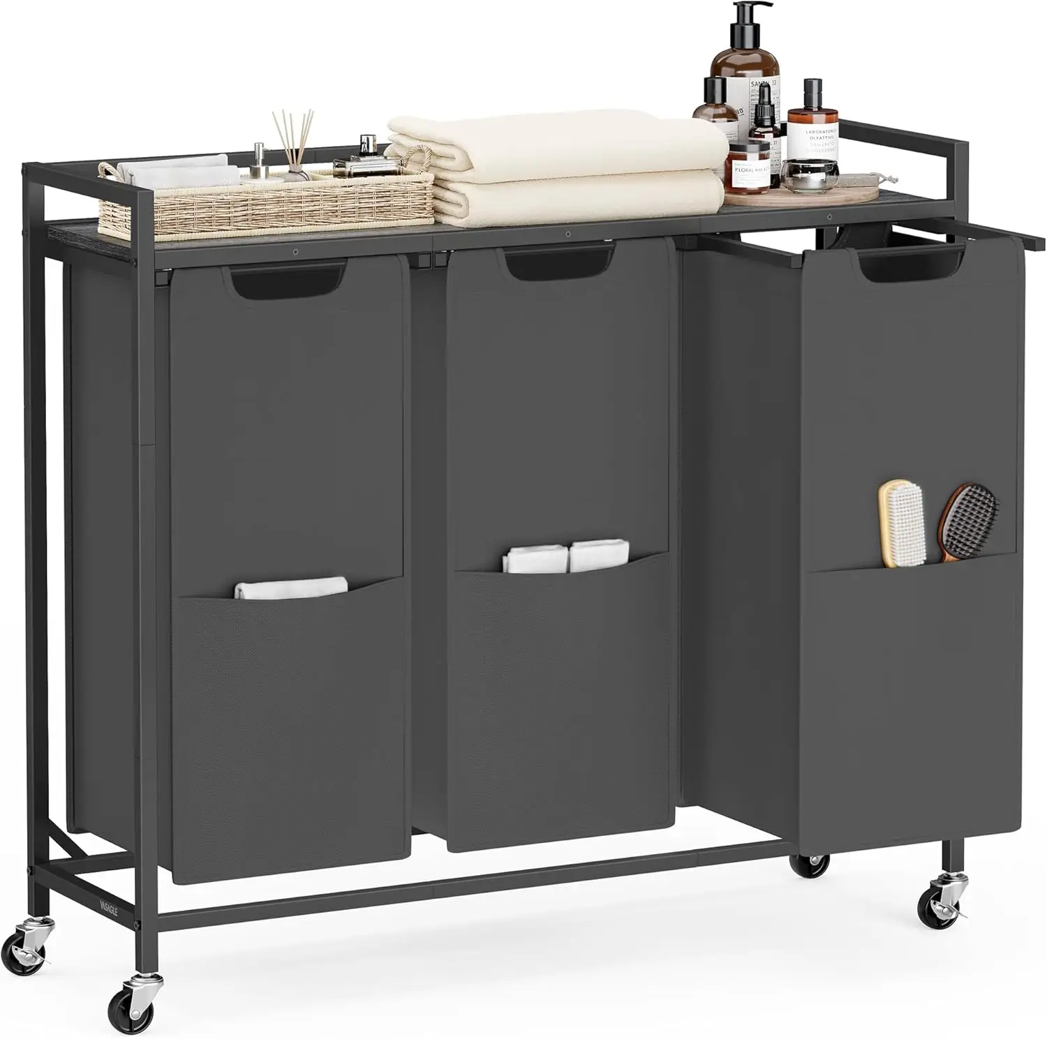 3-Compartment Rolling Laundry Hamper with Wheels, Shelf, Removable Bags, and Pockets in Slate Gray
3-Compartment Rolling Laundry Hamper with Wheels, Shelf, Removable Bags, and Pockets in Slate Gray