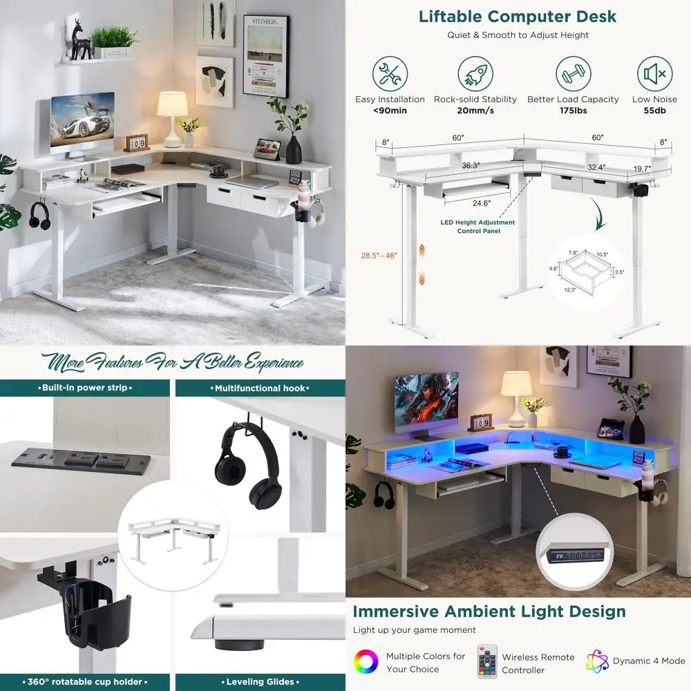60 L-Shaped Adjustable Height Desk with Drawers, Keyboard Tray, Power Outlets, LED Lights & Monitor Shelf, Antique White
60 L-Shaped Adjustable Height Desk with Drawers, Keyboard Tray, Power Outlets, LED Lights & Monitor Shelf, Antique White
