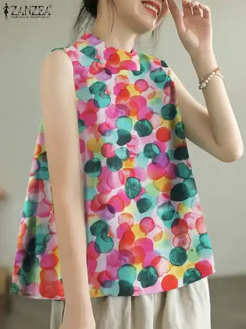 Zanzea Frauen koreanischen ärmellosen Druck Camis Sommer Tanktops 2024 Bluse Mode Rundhals-Shirt lässig lose Rundhals-Tuniken