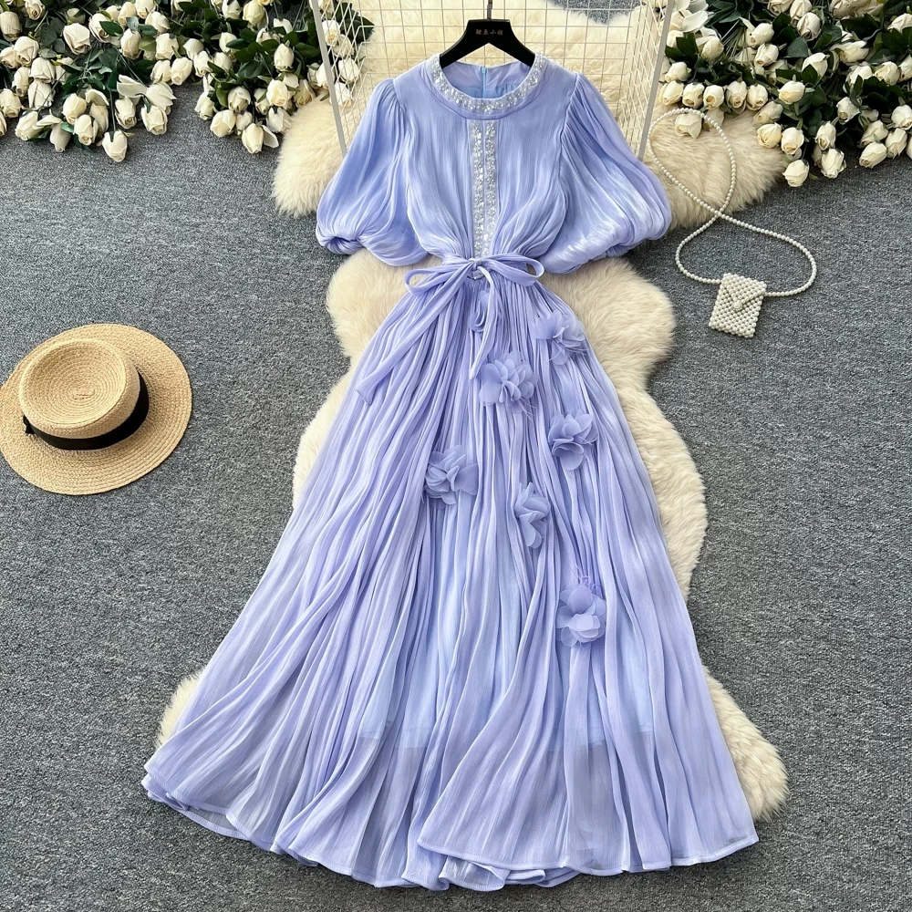 Women Lavender 3D Floral Maxi Dress Crystal Neckline Puff Bubble Sleeve Tie Waist Pleated Chiffon Long Evening Party Vestidos
Women Lavender 3D Floral Maxi Dress Crystal Neckline Puff Bubble Sleeve Tie Waist Pleated Chiffon Long Evening Party Vestidos